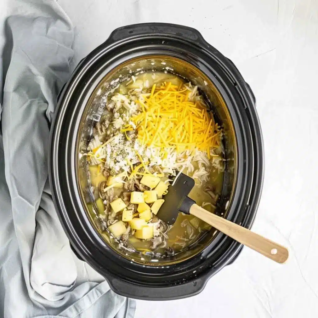 Adding ingredients to a crock pot for potato soup with hash browns