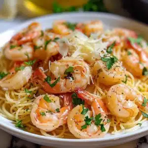 Shrimp scampi topped with parmesan and parsley on white plate