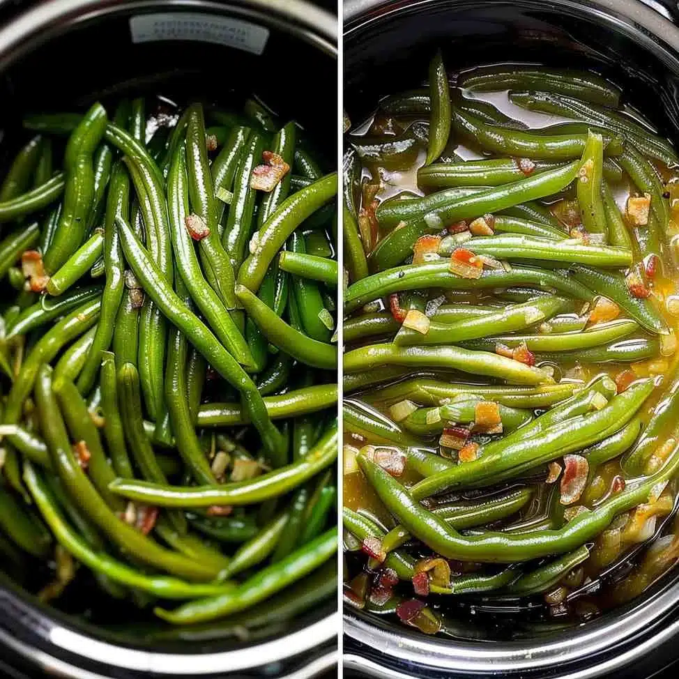 Before and after photo of green beans slow-cooked in a crock pot with bacon, garlic, and broth recipe for green beans in crock pot