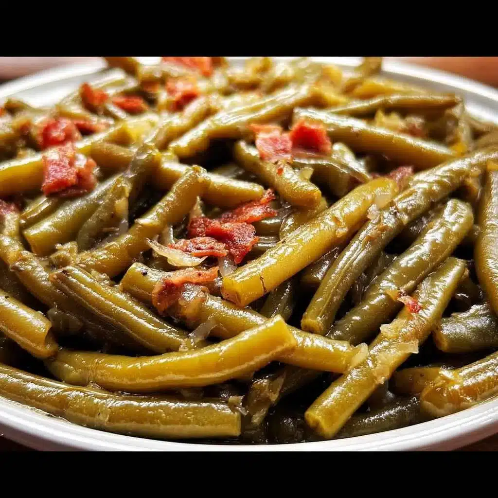 Close-up of slow-cooked green beans with bacon in a white bowl Southern-style recipe for green beans in crock pot