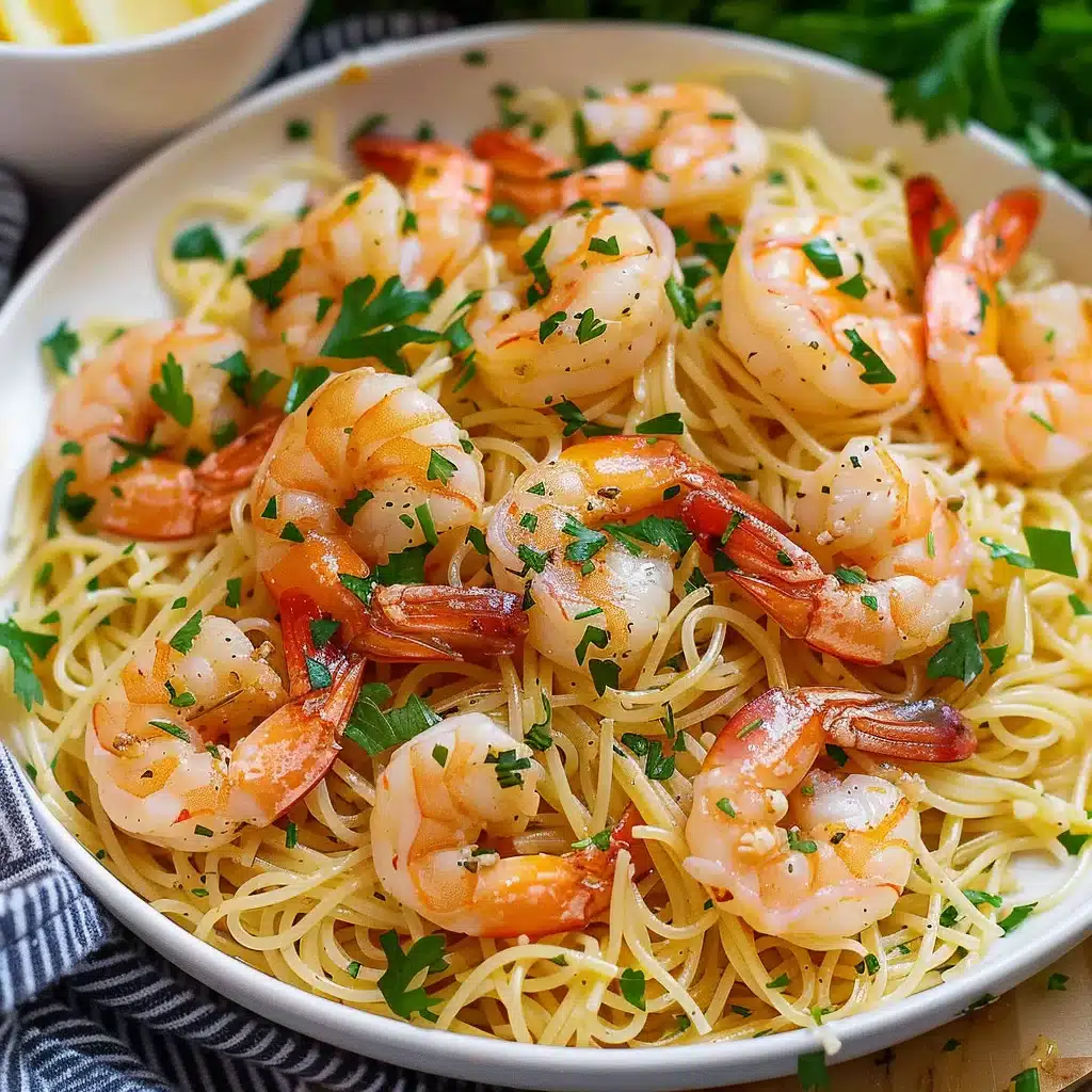 Shrimp scampi served over angel hair pasta with parsley and parmesan