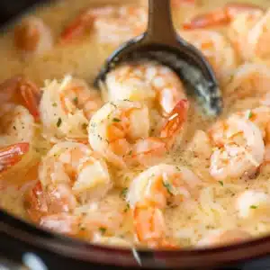 Parmesan cheese being stirred into hot shrimp in the crock pot